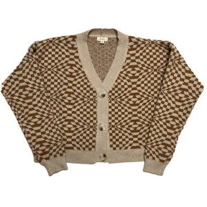 debut Checkered Cardigan Sweater Knit Cropped Tan Women's Medium